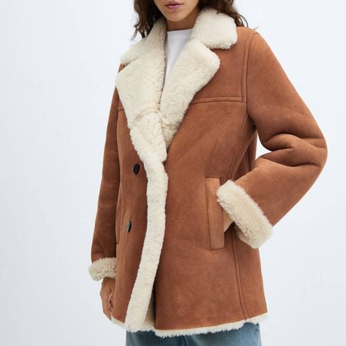 Cognac Shearling Coat - Mango - Modalova