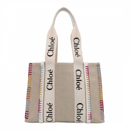 Camel Medium Linen Blanket Stitched Woody Tote Bag - Chloe - Modalova