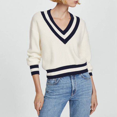 Ecru Contrasting V-Neck Sweater - Mango - Modalova