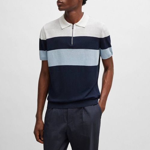 Navy Stripe Zip Knit Polo Jumper - BOSS - Modalova