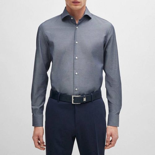 Navy Textured Cotton Shirt - BOSS - Modalova