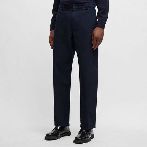 Navy Straight Cotton Blend Trousers - BOSS - Modalova