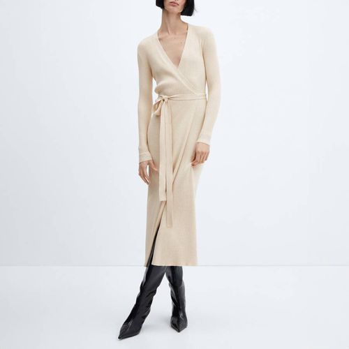 Ecru Ribbed Knit Wrap Midi Dress - Mango - Modalova