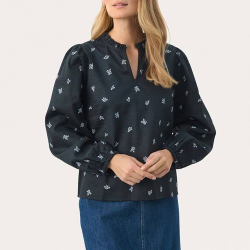 Navy Printed Tunisian Collar Blouse - Part Two - Modalova