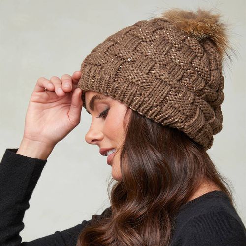 Brown Wool Blend Braided Bobble Hat - SOFT CASHMERE - Modalova