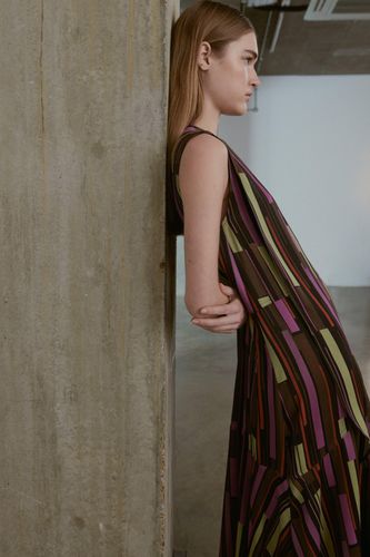 Womens Premium Satin Block Print Midi Dress With Frill - - 6 - Warehouse - Modalova
