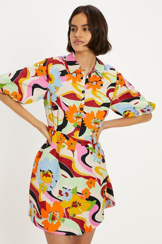Womens Linen Mix Floral Puff Sleeve Mini Shirt Dress - - 10 - Oasis - Modalova
