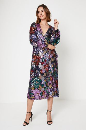 Womens Floral Sequin Wrap Midi Dress - - 8 - Oasis - Modalova