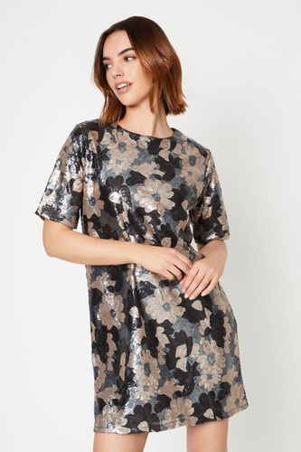 Womens Floral Sequin Puff Sleeve Mini Dress - - 10 - Oasis - Modalova