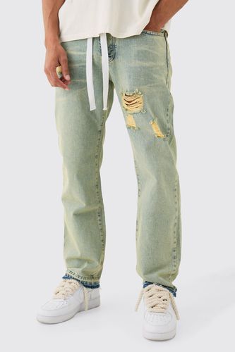 Relaxed Rigid Ripped Let Down Hem Jeans With Extended Drawcords In Wash - 28R - boohooMAN - Modalova