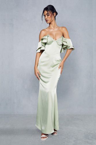 Womens Premium Satin Corseted Bardot Frill Maxi Dress - - 12 - MISSPAP - Modalova