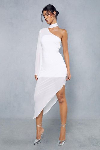 Womens Sheer Overlay Ruched Choker Neck Asymmetric Midi Dress - - 6 - MISSPAP - Modalova