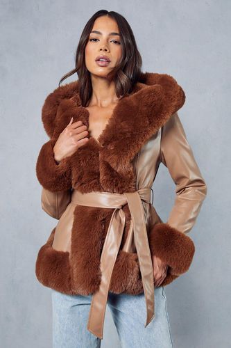 Womens Faux Fur Leather Look Belted Coat - - 14 - MISSPAP - Modalova