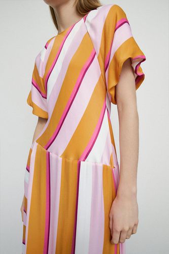 Womens Petite Satin Puff Sleeve Stripe Midi Dress - - 4 - Warehouse - Modalova