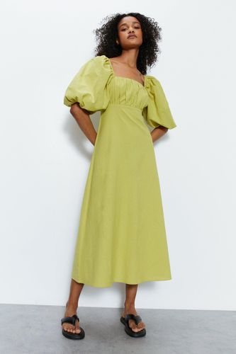 Womens Cotton Puff Sleeve Ruched Bodice Midi Dress - - 10 - Warehouse - Modalova