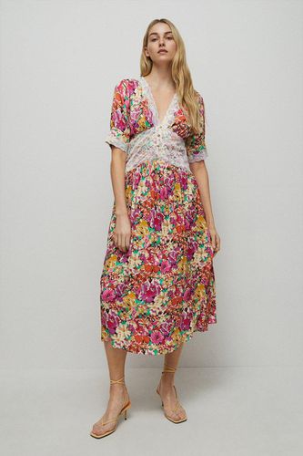 Womens Petite Satin Lace Tea Midi Dress In Floral - - 8 - Warehouse - Modalova