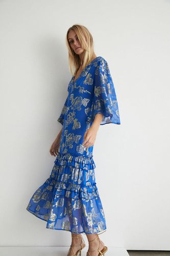 Womens Sparkle Jacquard V Neck Frill Maxi Dress - - 10 - Warehouse - Modalova