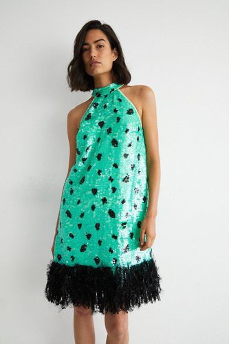 Womens Halter Neck Feather Trim Sequin Mini Dress - - 10 - Warehouse - Modalova
