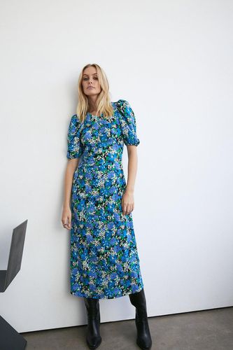 Womens Textured Floral Ruched Front Puff Sleeve Midi - - XS - Warehouse - Modalova