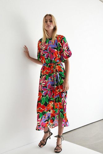 Womens Floral Volume Sleeve Belted Satin Midi Dress - - 8 - Warehouse - Modalova