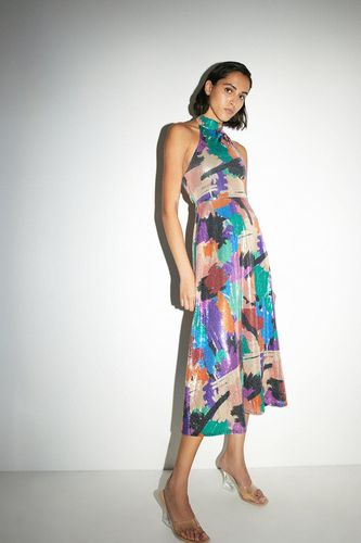 Womens Printed Sequin Halter Neck Midi Dress - - L - Warehouse - Modalova