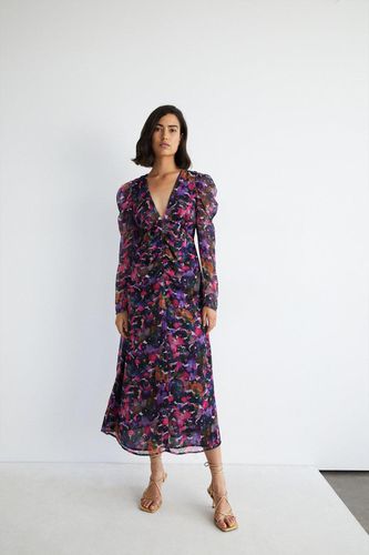 Womens Brush Print Ruched Front V Neck Midi Dress - - 12 - Warehouse - Modalova
