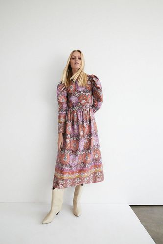 Womens Border Print Cotton Sateen Midi Dress - - 10 - Warehouse - Modalova