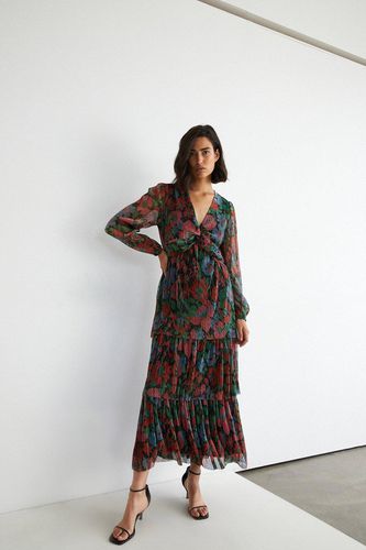 Womens Floral Metallic Plisse Tiered Twist Midi Dress - - M - Warehouse - Modalova