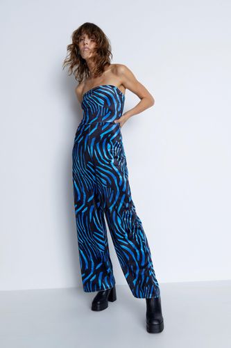 Womens Zebra Print Velvet Bandeau Wide Leg Jumpsuit - - S - Warehouse - Modalova