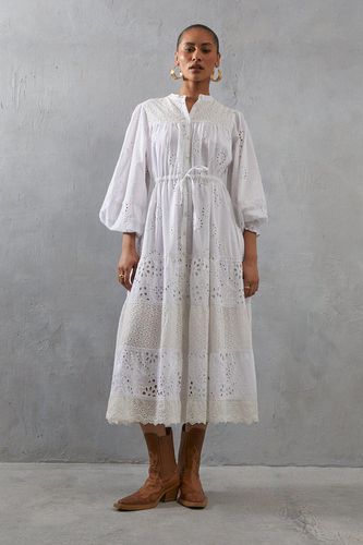 Womens Broderie Drawstring Waist Midi Dress - - 10 - Warehouse - Modalova