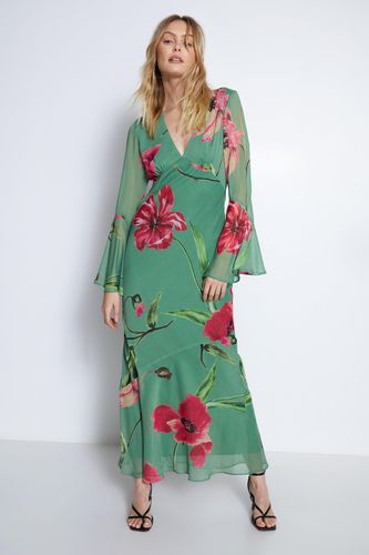 Womens Floral Printed V Neck Fluted Sleeve Maxi Dress - - 10 - Warehouse - Modalova
