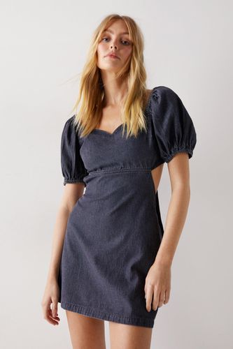 Womens Denim Chambray Tie Back Puff Sleeve Mini Dress - - 16 - Warehouse - Modalova