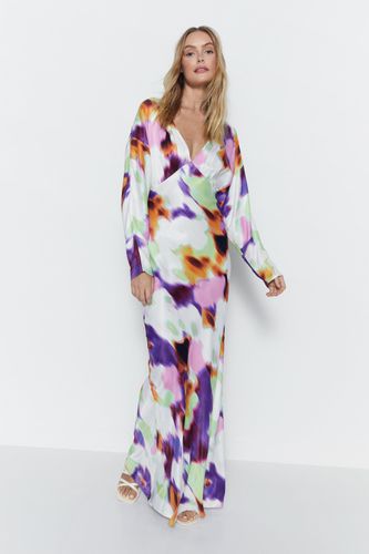 Womens Blurred Abstract Print Satin Batwing Dress - - 4 - Warehouse - Modalova