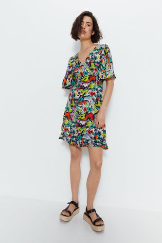 Womens Floral Plunge Angel Sleeve Mini Dress - - 8 - Warehouse - Modalova