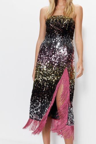 Womens Sequin Side Split Fringed Bandeau Maxi Dress - - 14 - Warehouse - Modalova