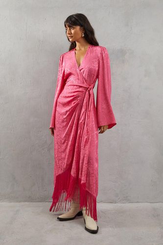 Womens Satin Jacquard Kimono Sleeve Fringe Hem Wrap Dress - - 10 - Warehouse - Modalova