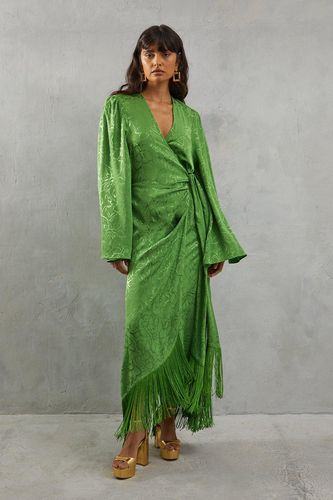 Womens Satin Jacquard Kimono Sleeve Fringe Hem Wrap Dress - - 12 - Warehouse - Modalova