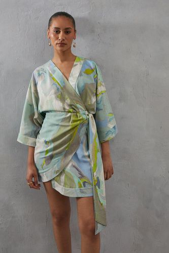 Womens Linen Wrap Marble Print Kimono Mini Dress - - 16 - Warehouse - Modalova