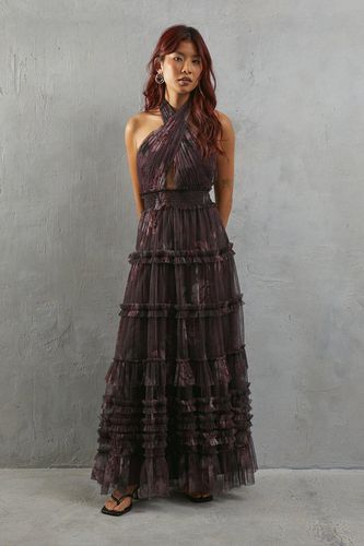 Womens Tulle Floral Halter Shirred Waist Tier Maxi Dress - - 12 - Warehouse - Modalova