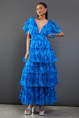 Womens Tulle Floral Plunge Neck Flutter Sleeve Tier Maxi Dress - - 16 - Warehouse - Modalova