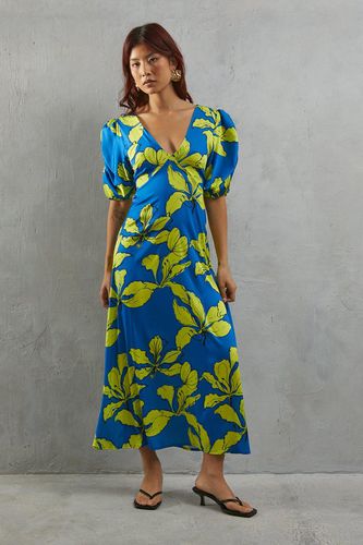 Womens Floral Satin Button Through Volume Sleeve Midi Tea Dress - 12 - Warehouse - Modalova