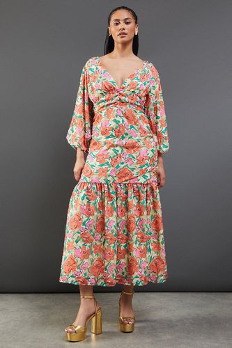 Womens Burnout Floral Chiffon Plunge Neck Ruched Bodice Midi Dress - - 14 - Warehouse - Modalova