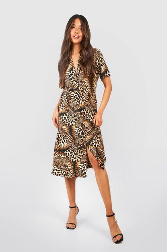 Womens Tiger And Leopard Mix Shirt Style Midi Dress - - 10 - boohoo - Modalova