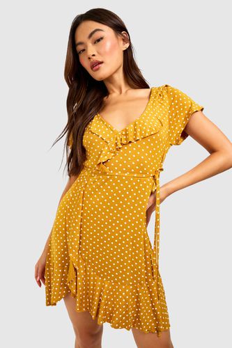 Womens Polka Dot Wrap Front Ruffle Tea Dress - - 8 - boohoo - Modalova