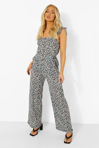 Womens Ditsy Floral Ruffle Strap Belted Jumpsuit - - 16 - boohoo - Modalova