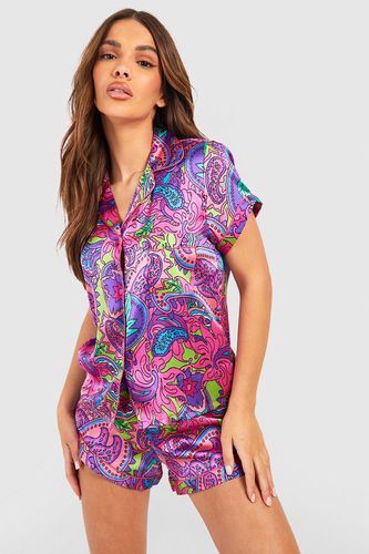 Womens Paisley Print Satin Pyjama Short Set - - 12 - boohoo - Modalova