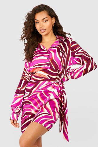 Womens Zebra Print Satin Shirt Dress - - 12 - boohoo - Modalova