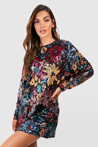 Womens Premium Floral Sequin Shift Dress - - 14 - boohoo - Modalova