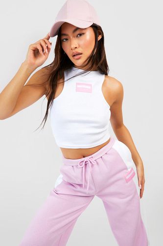 Womens Woven Tab Ribbed Crop Racer Top - - 12 - boohoo - Modalova