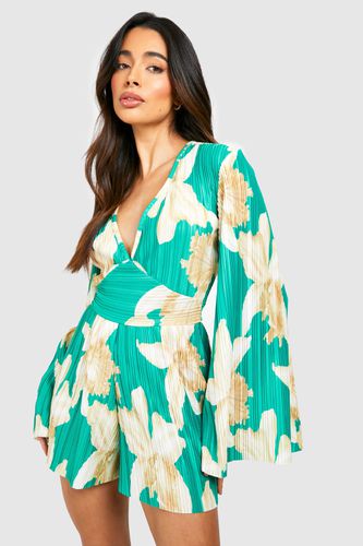 Womens Plisse Floral Printed Flare Sleeve Playsuit - - 8 - boohoo - Modalova